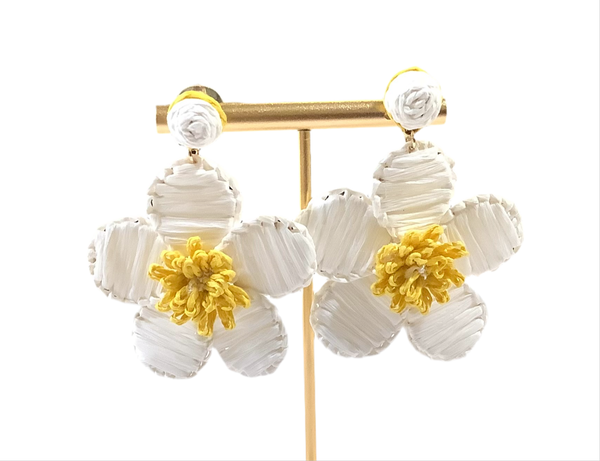 White Raffia Daisy Drop Earrings