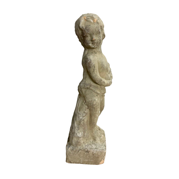 Vintage Cast Stone Cherub Figurine Holding a Rose I