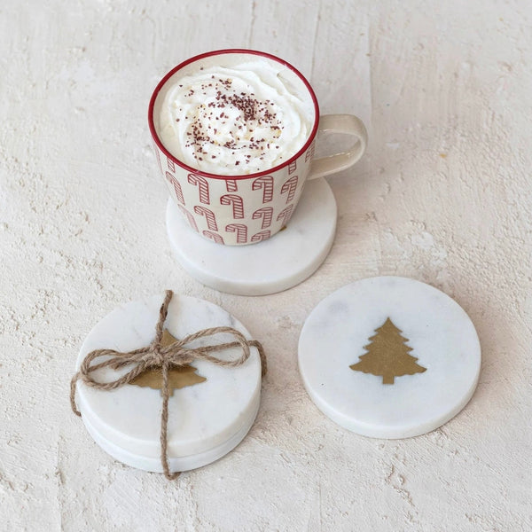 Round Marble Coasters w/ Brass Tree Inlay s/4