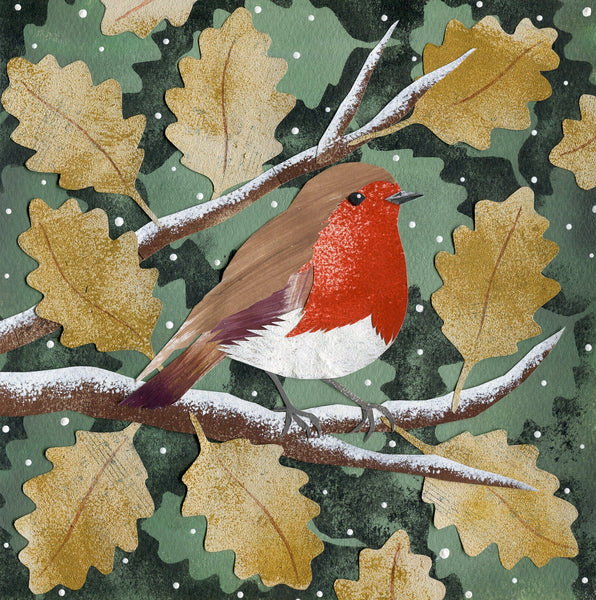 Robin And Oak Leaves - Christmas Card Pack s/6