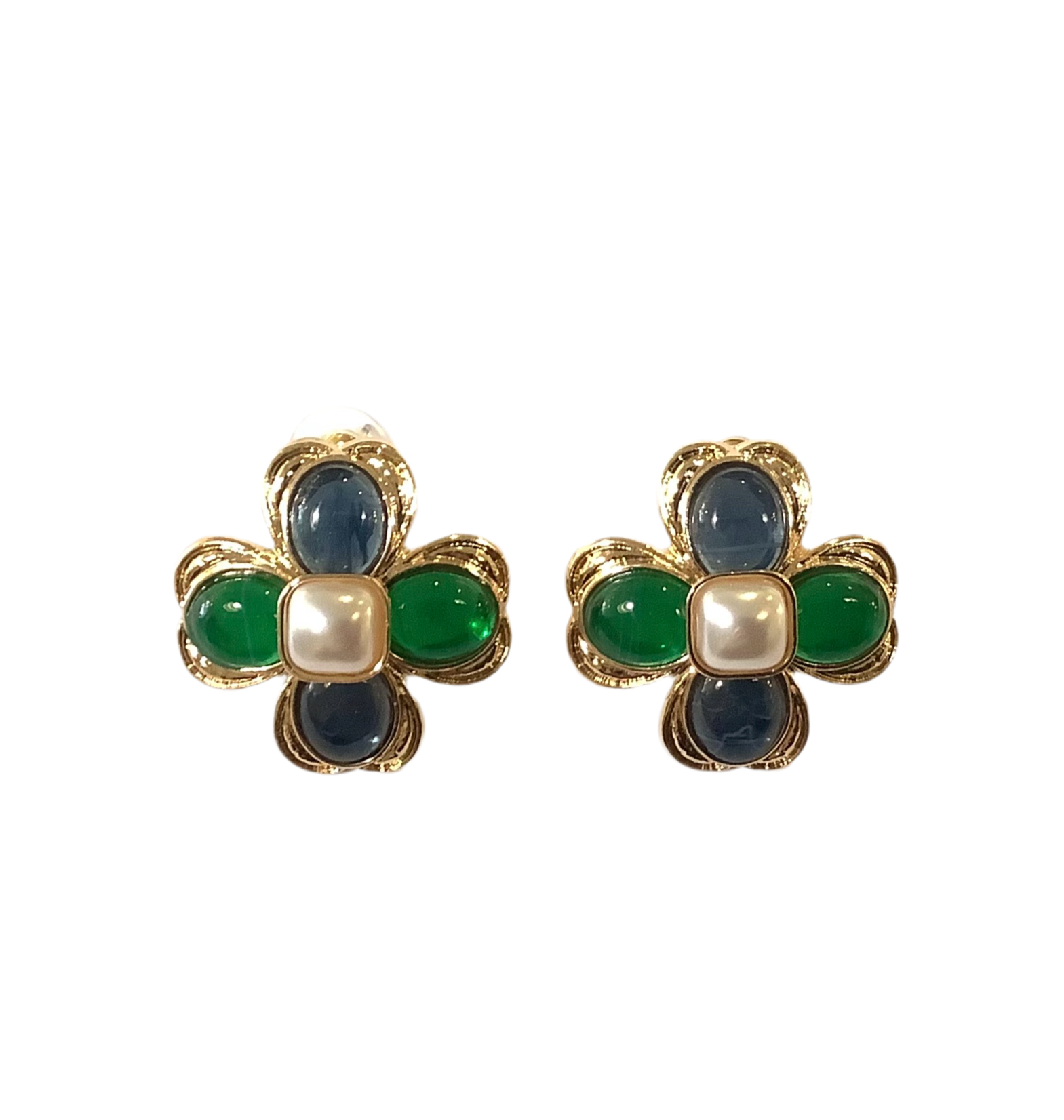 Jewelled Green, Blue, Pearl & Gold Earrings