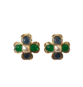 Jewelled Green, Blue, Pearl & Gold Earrings