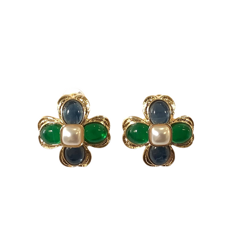 Jewelled Green, Blue, Pearl & Gold Earrings
