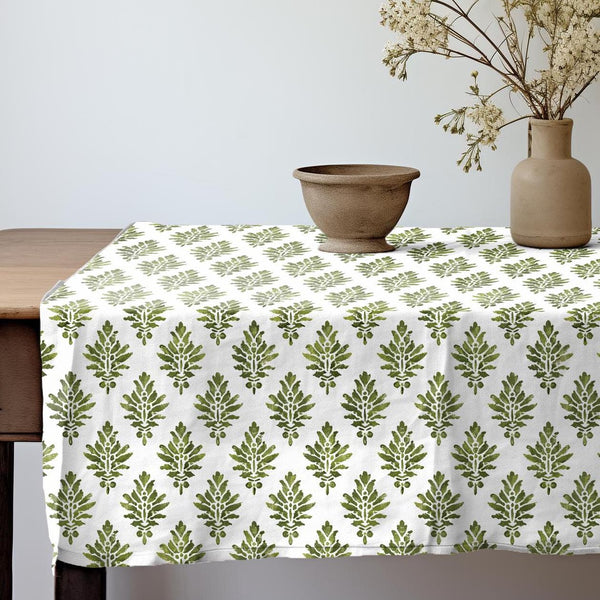 Kensi Block Print Linen Tablecloth - Green & White