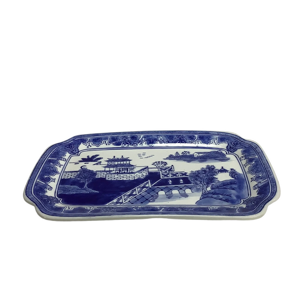 Vintage Blue & White Chinoiserie Rectangular Oriental Platter