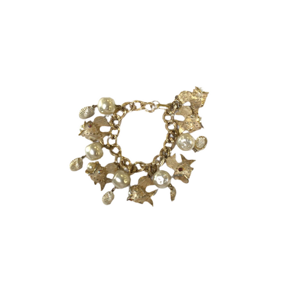 Vintage Fish, Shell & Freshwater Pearl Charm Bracelet