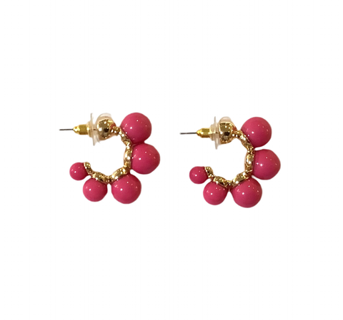 Fuchsia Bead & Gold Hoop Earrings