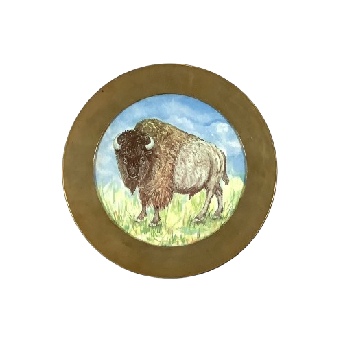 Vintage “American Bison” Ceramic Tile & Brass Wall Plate