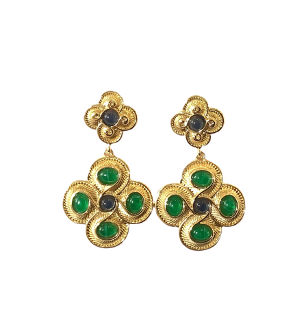 Jewelled Green, Blue & Gold Drop Earrings
