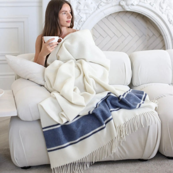 Oslo White w/ Blue & Dark Blue Stripes Cashmere/Wool Throw
