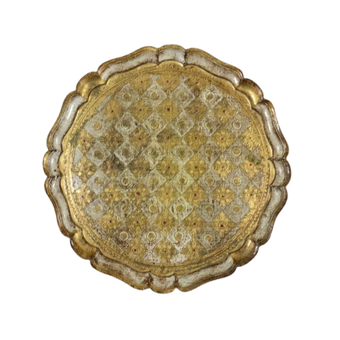 Vintage Gold & White Round Florentine Tray
