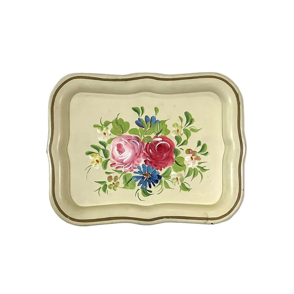 Vintage Hand-Painted Cream Colored Toleware Metal Tray