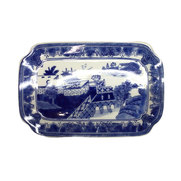 Vintage Blue & White Chinoiserie Rectangular Oriental Platter