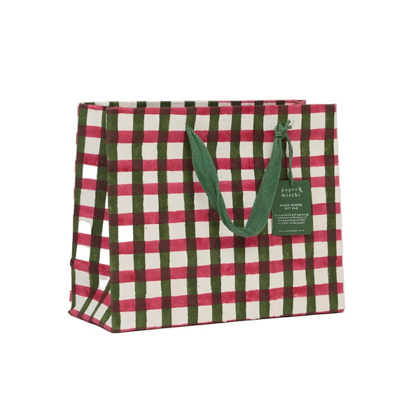 Hand Block Printed Medium Gift Bag - Holly Green