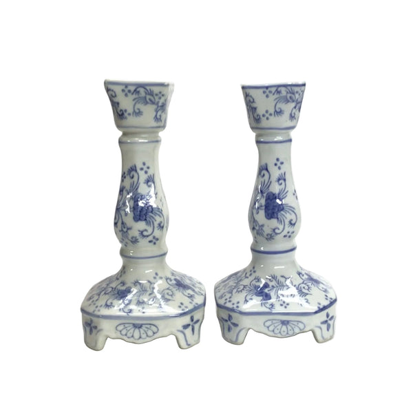 Vintage Blue & White Bird Candlesticks Pair