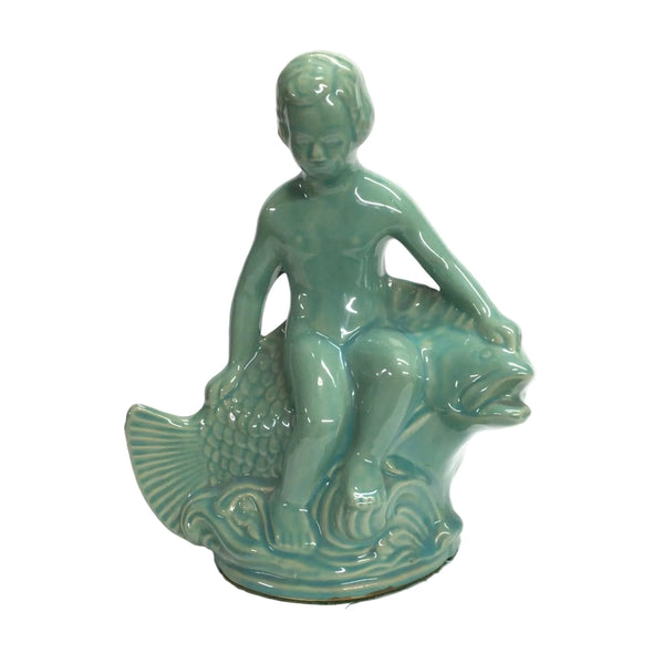 Vintage Turquoise Boy & Fish Figurine