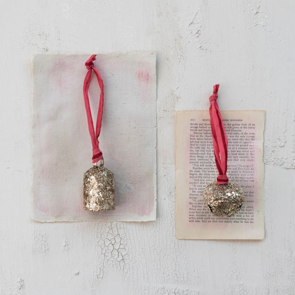Metal & Glass Bell Ornament with Velvet Ribbon Hanger