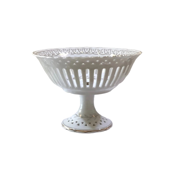 Vintage Hand-Painted White & Gold Porcelain Reticulated Pedestal Bowl
