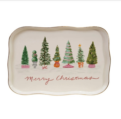Stoneware Scalloped Platter with Trees
