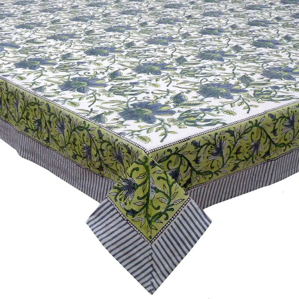 Green & Blue Flower Block Printed Tablecloth