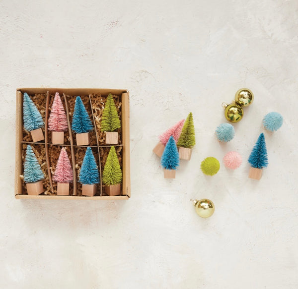 Multi Coloured Sisal Bottle Brush Trees with Wood Bases - Set of 8