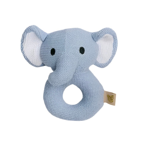 Sweater Knit Crochet Blue Rattle Ring - Elephant
