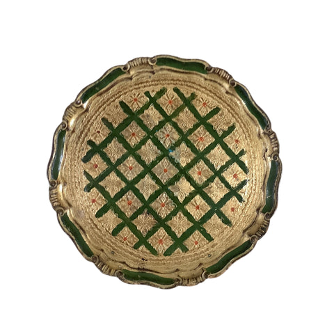 Vintage Gold & Green Round Florentine Tray