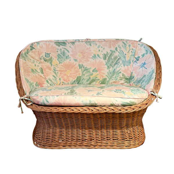 Vintage Wicker Rattan Two-Seat Loveseat with Floral Cushions