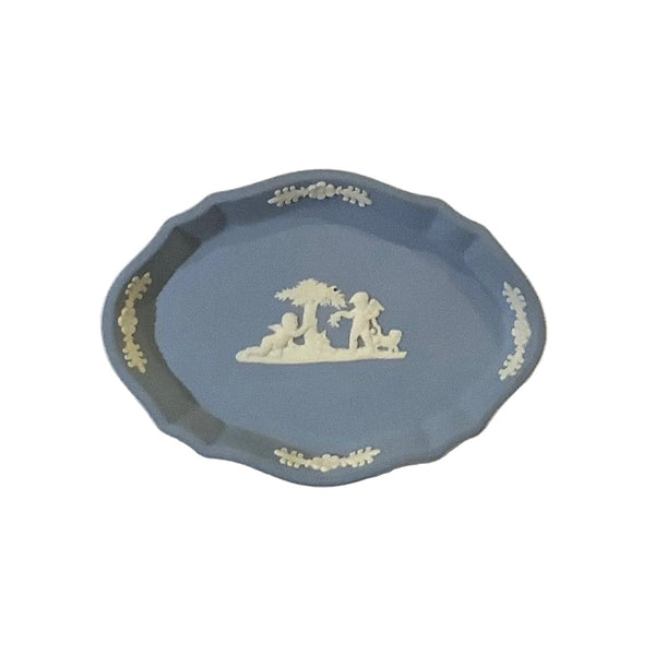 Vintage Wedgewood Blue Jasperware Oval Trinket Dish