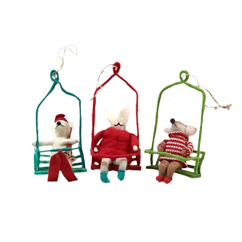 Wool Felt Dog Ornaments on Ski Chair Lifts