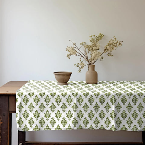 Kensi Block Print Linen Tablecloth - Green & White