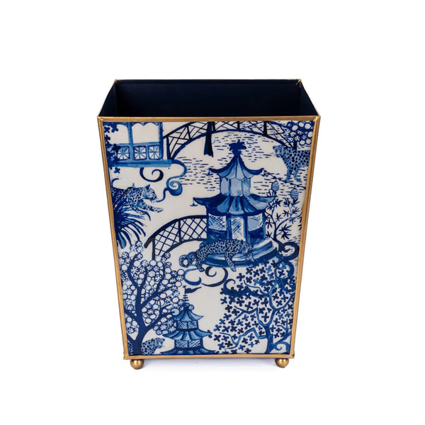 Garden Party Enameled Square Wastebasket in Blue & White
