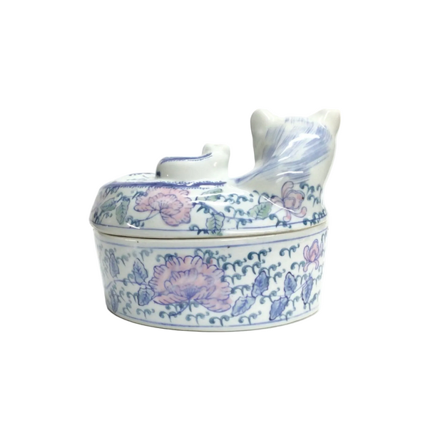 Vintage Chinoiserie Ceramic Cat Trinket Box