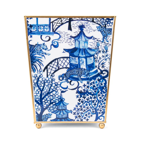 Garden Party Enameled Square Wastebasket in Blue & White