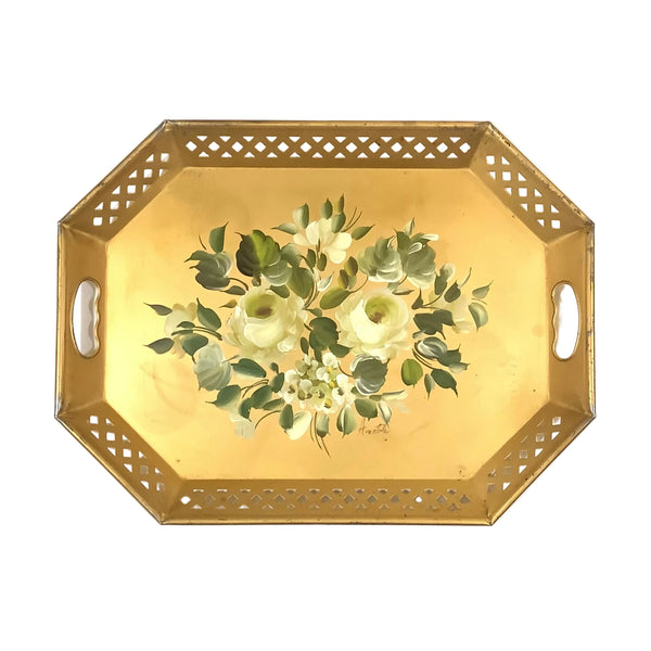 Vintage Hand-Painted Gold-Toned Metal Toleware Tray