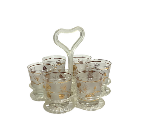 Vintage White & Gold Set of 6 Glass Tumblers w/ Caddy