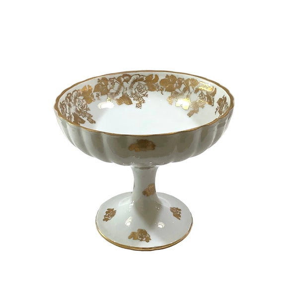 Vintage White & Gold Porcelain Pedestal Compote Bowl