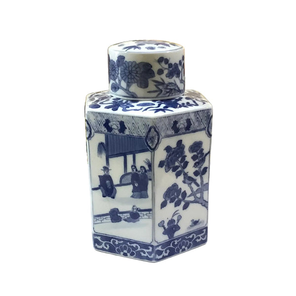 Vintage Blue & White Hexagonal Lidded Ginger Jar