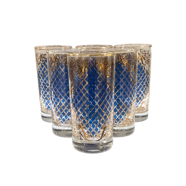 Vintage Blue & Gold Glasses S/6