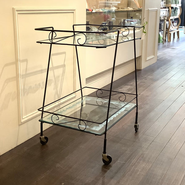 Vintage Glass & Black Metal Bar Cart