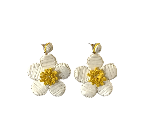 White Raffia Daisy Drop Earrings
