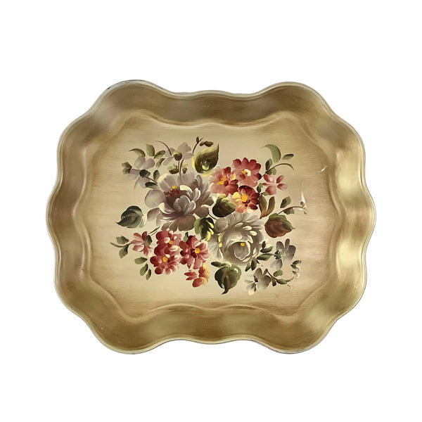 Vintage Hand-Painted Gold Toleware Metal Tray