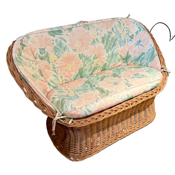 Vintage Wicker Rattan Two-Seat Loveseat with Floral Cushions