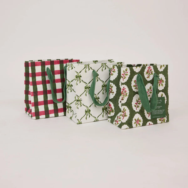 Hand Block Printed Small Gift Bag - Holly Green
