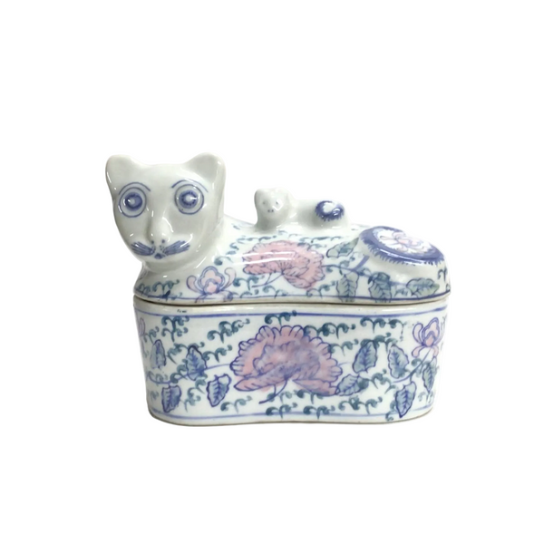 Vintage Chinoiserie Ceramic Cat Trinket Box