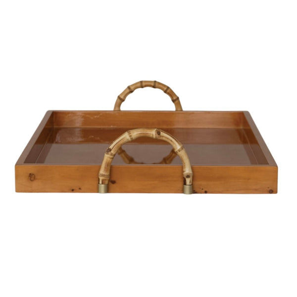Burl Wood Veneer Tray with Bamboo Handles