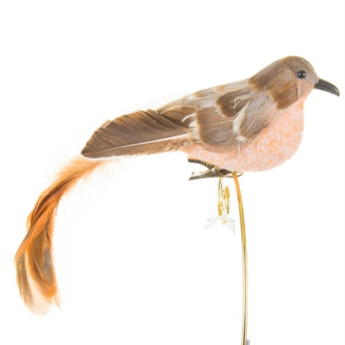 Brown Clip-On Bird Ornament With Feathery Tail