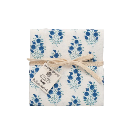 Cottage Block Print Tea Towel - Blue Flowers