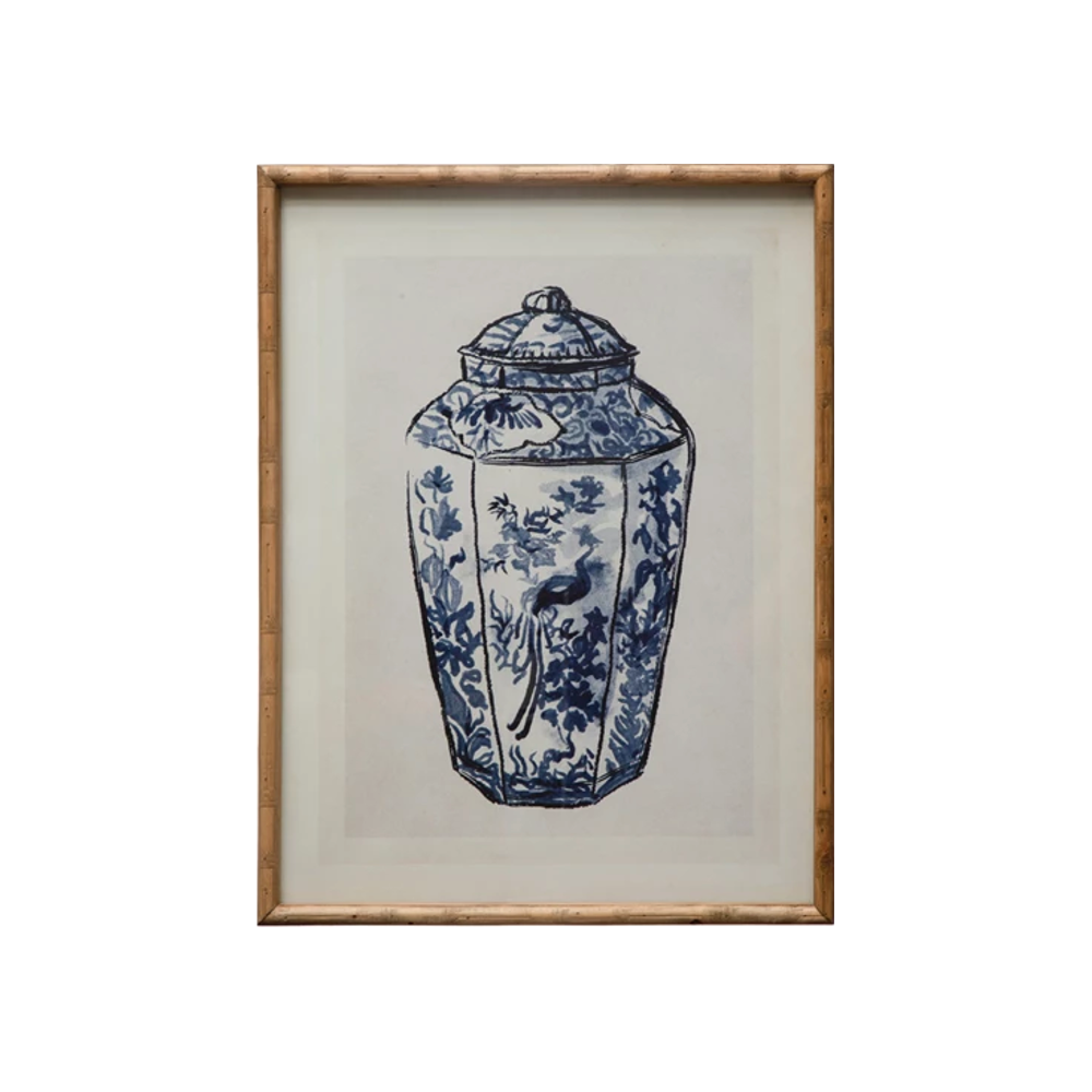 Blue & White Cachepot Prints With Wood Frame & Glass