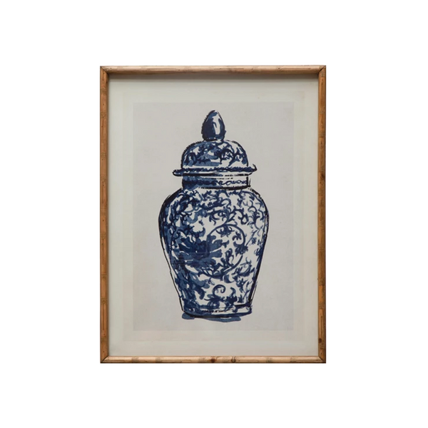 Blue & White Cachepot Prints With Wood Frame & Glass